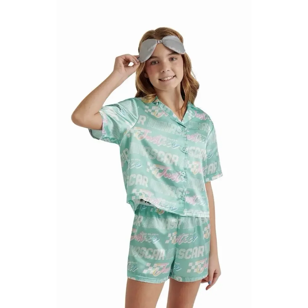NWT NASCAR + Justice Girls S(7/8) Pajama Lounge 3pc Shorts Shirt Mask Sleep Set